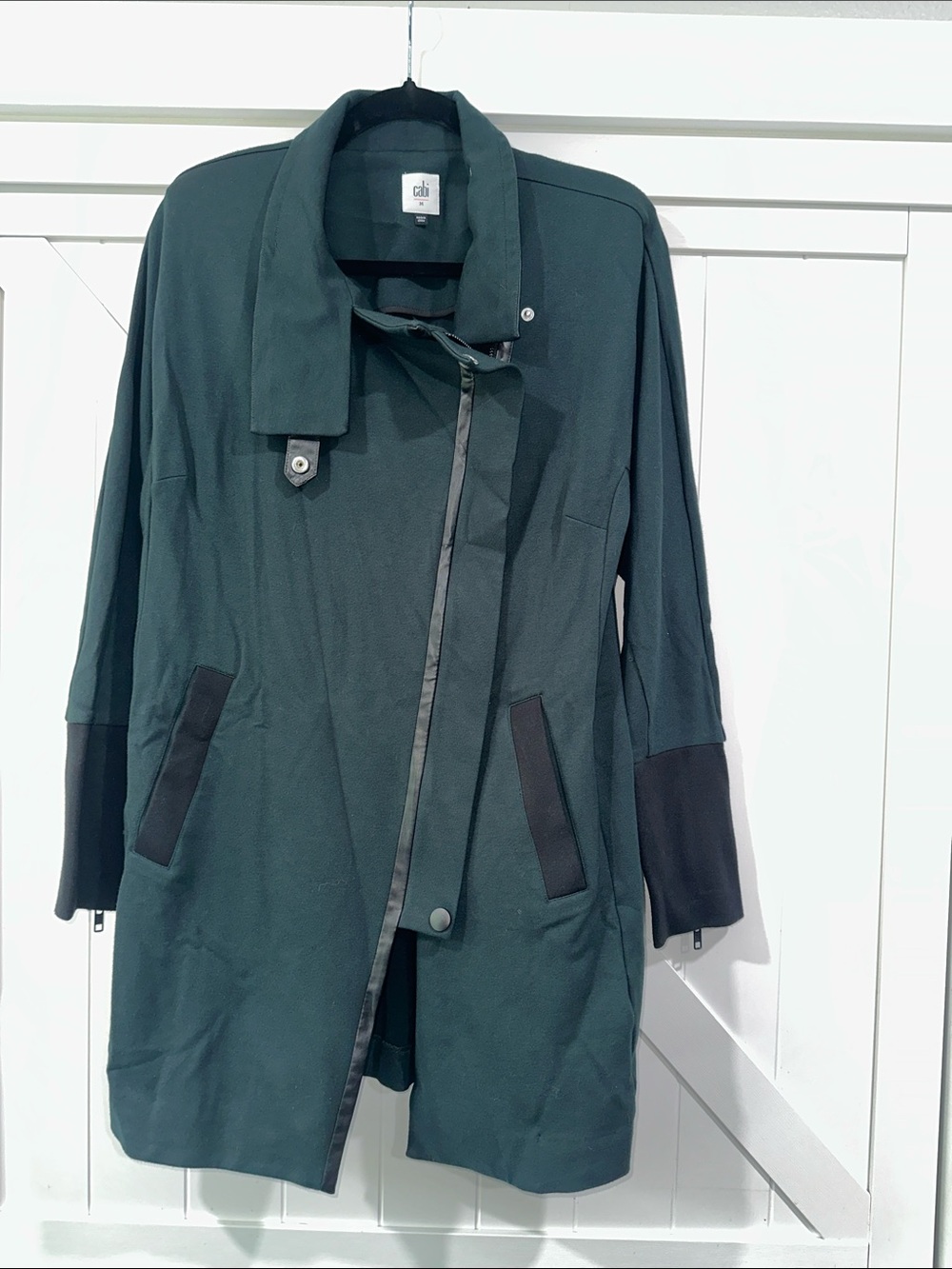 CAbi Forest Green Long Trench Coat with Black Accents